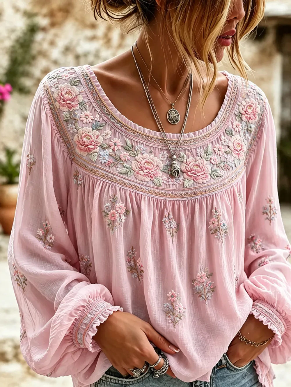 Women'S Floral Printed Casual Cotton And Linen Top