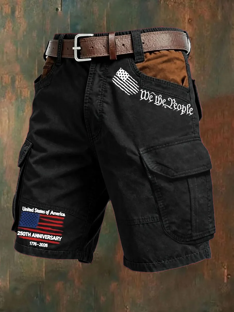 Men's Retro Flag Cross Multi-Pocket Print Cargo Shorts