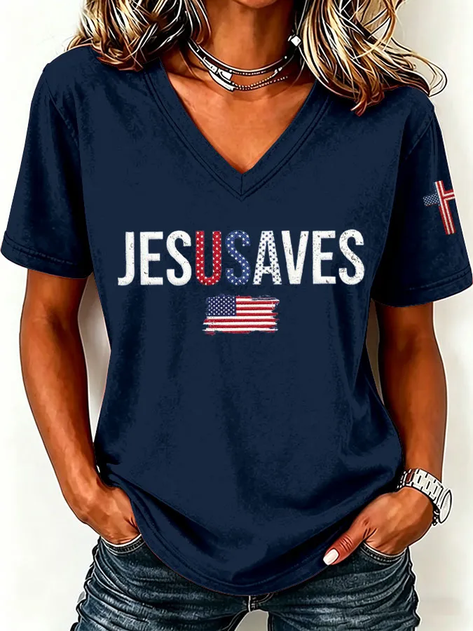 Women'S America Flag  Print Casual V-Neck T-Shirt