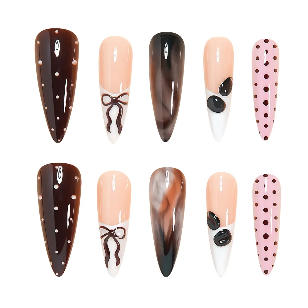 Nailhour 24Pcs Coffee Bean 3D Long Stiletto French Press On Nails