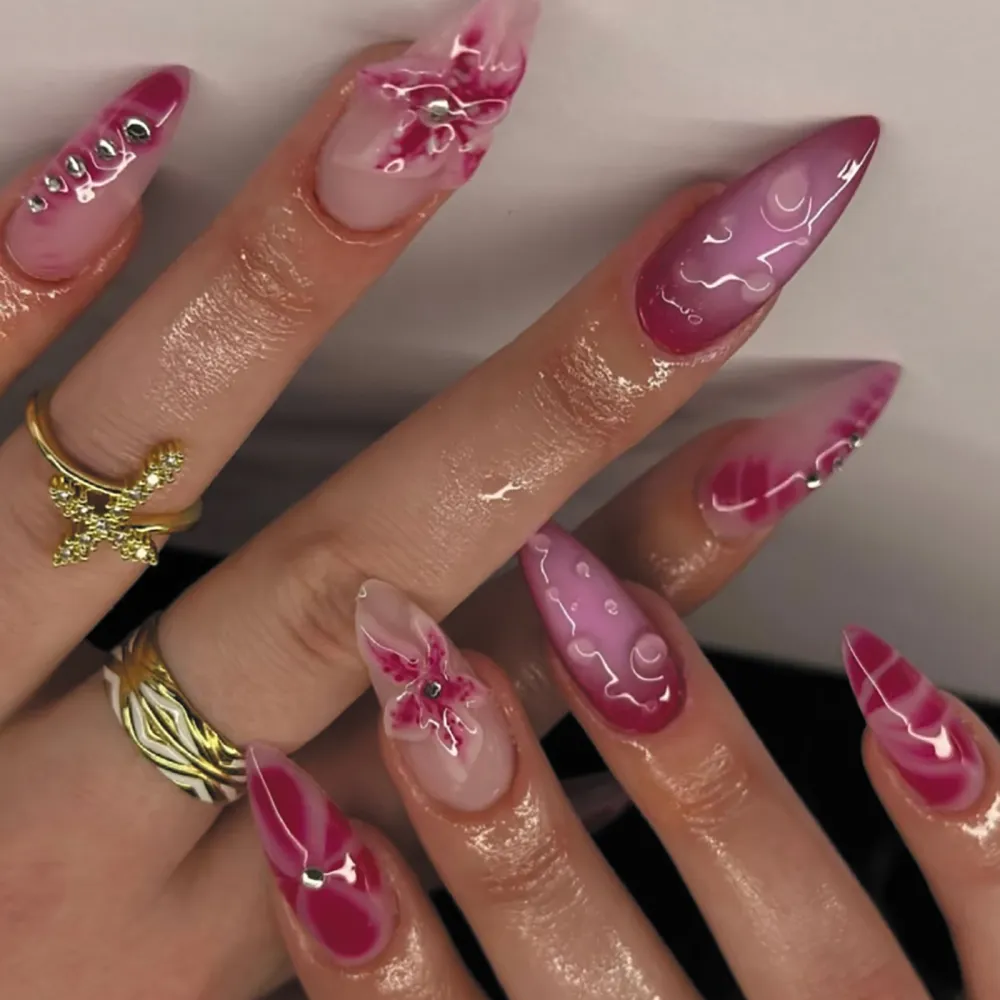 Nailhour 30Pcs Pink 3D Resin Medium Almond Press On Nails