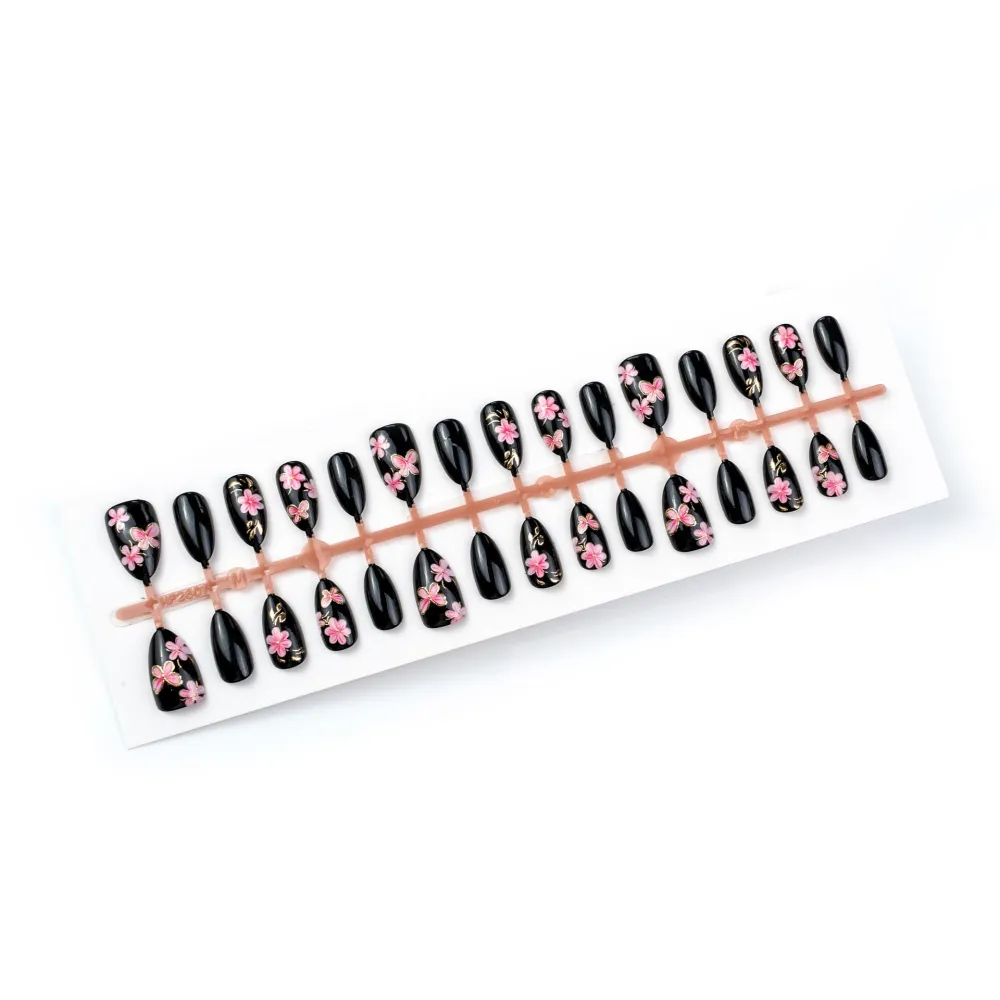 Nailhour 30Pcs Black Floral Medium Almond French Press On Nails