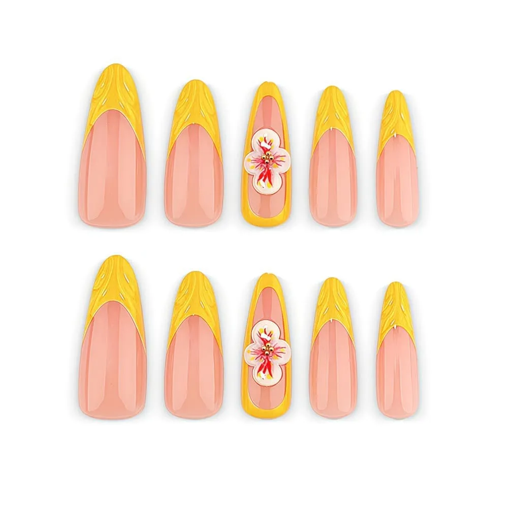 Nailhour 30Pcs Floral 3D Medium Almond Yellow Press On Nails