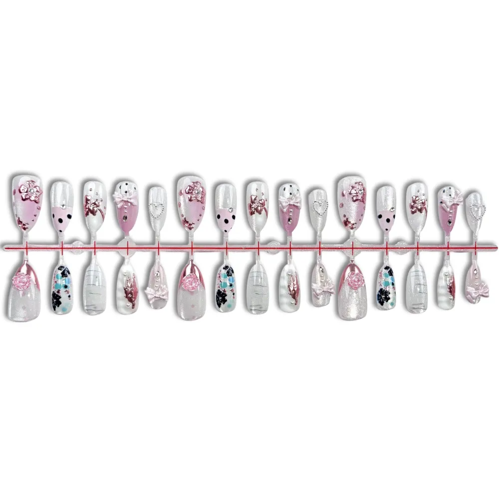 Nailhour 30Pcs Cat Eye Glitter Medium Almond French Press On Nails