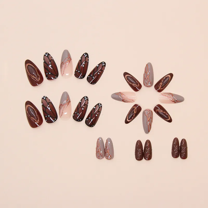 Nailhour 24Pcs Ripple Butterfly Brown Autumn Press On Nails
