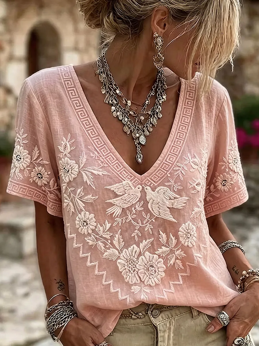 Women's Retro Floral Casual Printed V-Neck Top