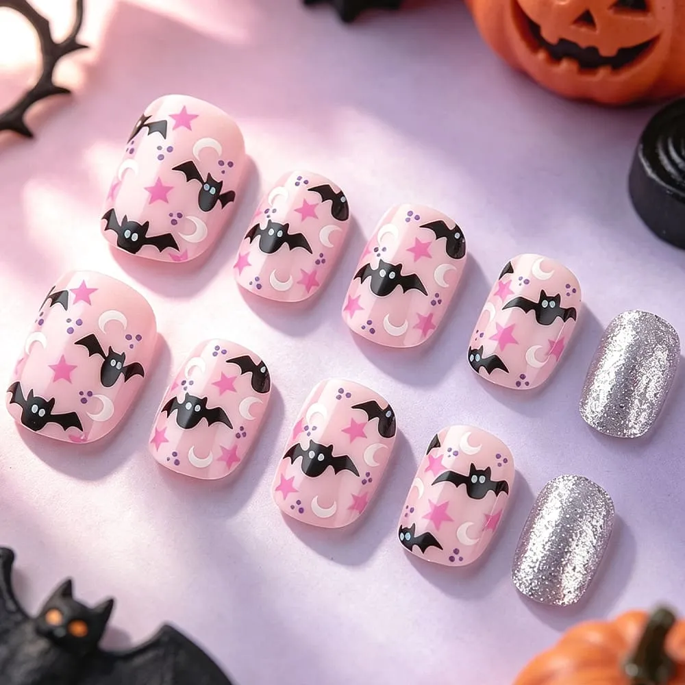 Nailhour 24Pcs Glossy Spider Glitter Halloween Short Oval Press On Nails