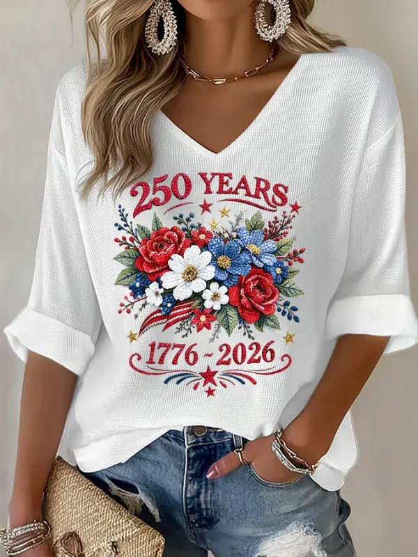 Women's American 250th Anniversary Three-Quarter Sleeve V-Neck Top