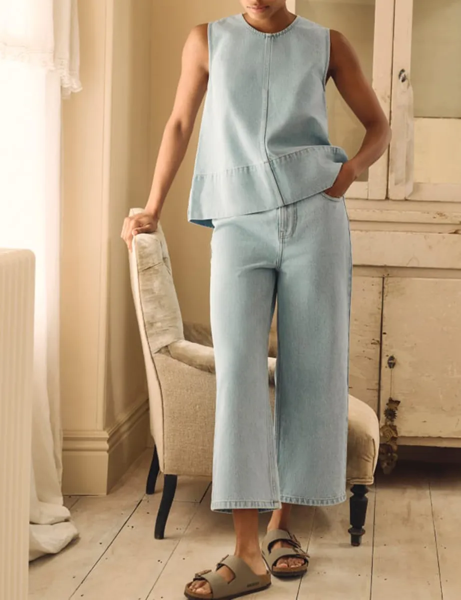 Blue Light Wash Cropped High Rise Wide Leg Jeans