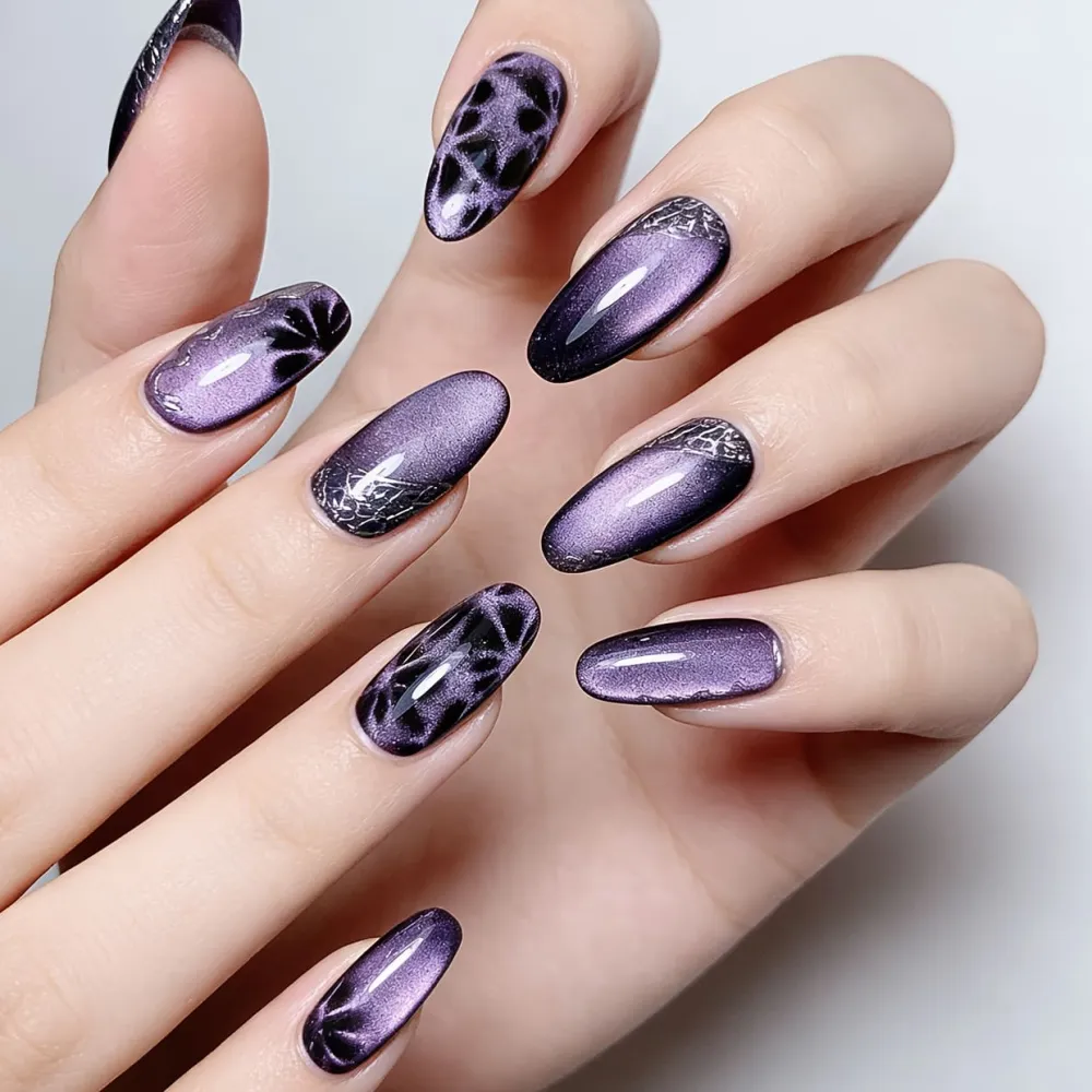 Nailhour 10Pcs French Glitter Cat Eye Purple Minimalist Medium Almond Press On Nails
