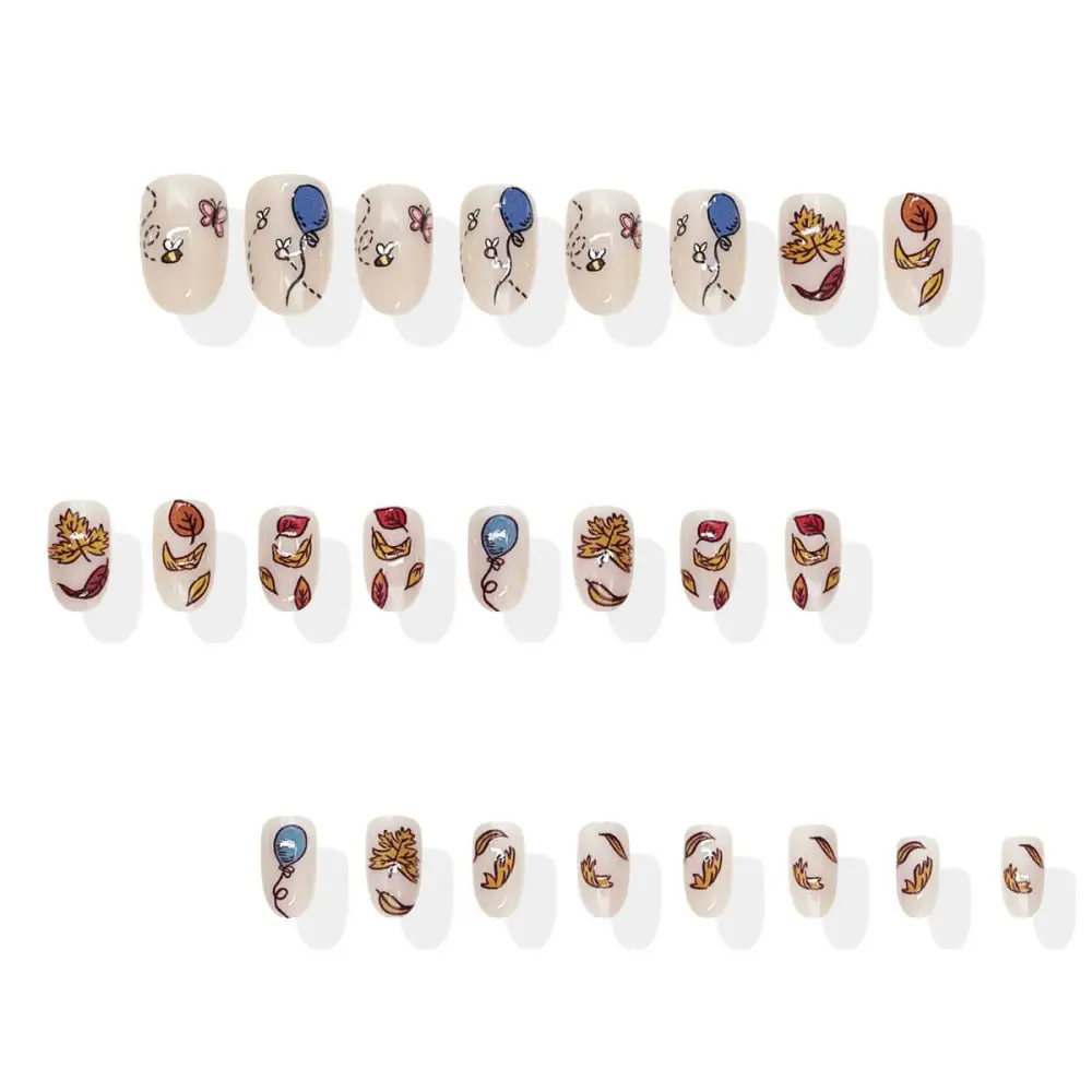 Nailhour 24Pc Short Oval Whimsical Autumn Leaves Press On Nails