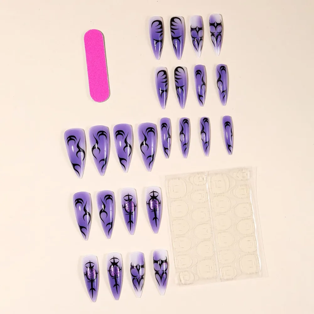 Nailhour 24Pcs Purple Gradient Glitter Long Stiletto French Press On Nails