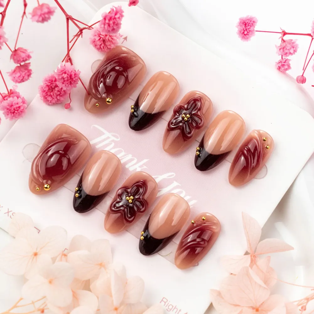 Nailhour 30Pcs French Floral Medium Almond 3D Press On Nails