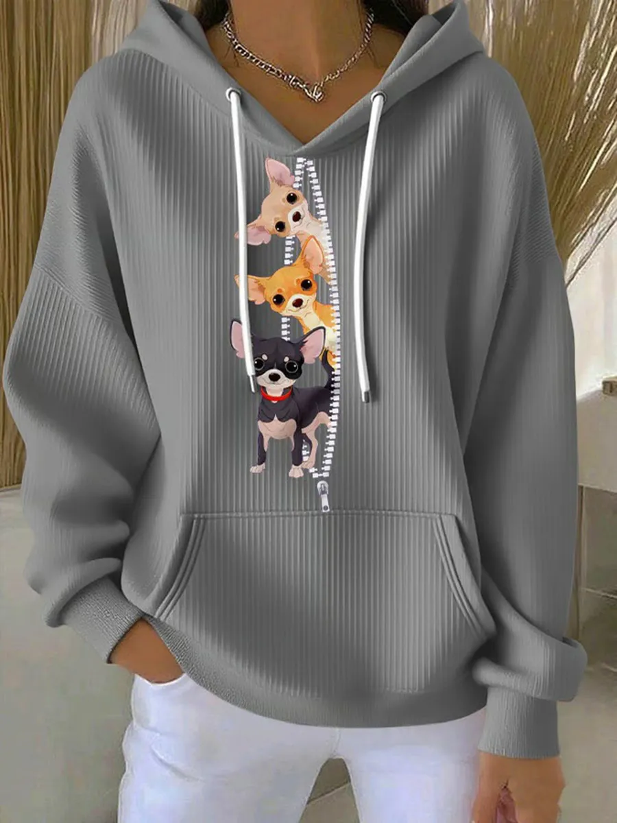 Cute Dogs Printed V-Neck Casual Hoodies