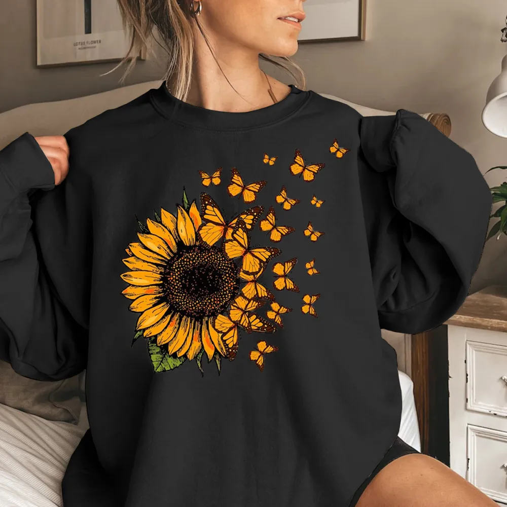 Sunflower Butterfly Accent Graphic Sweatshirts