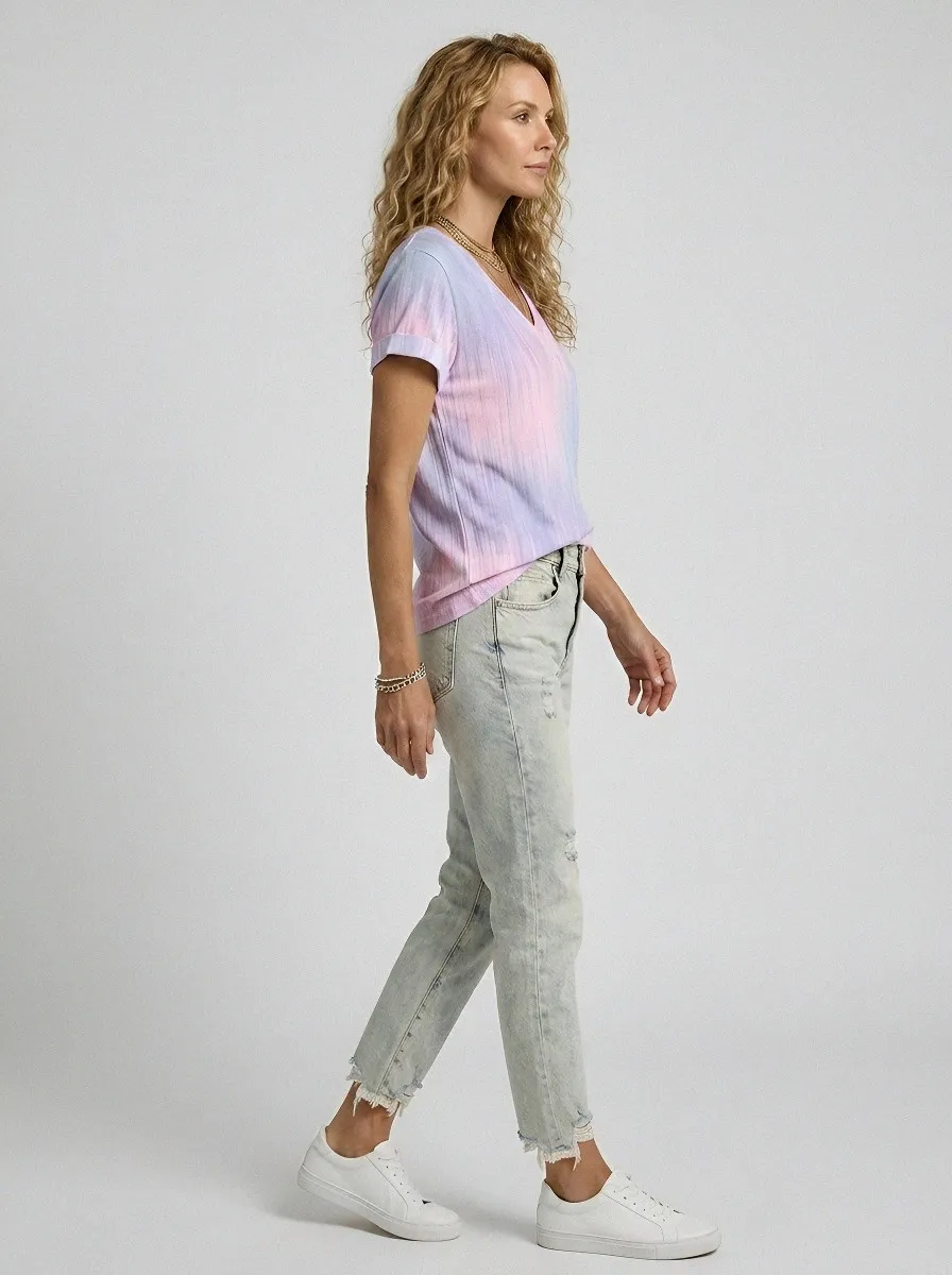 Women's Breast Cancer Awareness Pink Purple Vertical Stripe Printed V-neck T-shirt
