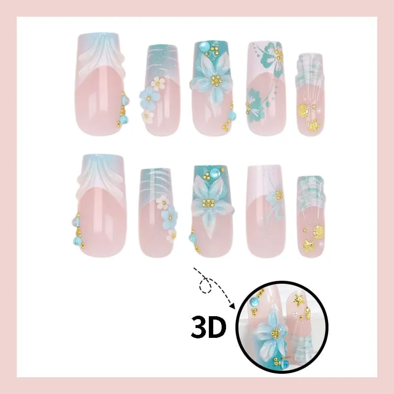 Nailhour 24Pcs Shell Floral 3D Medium Square French Press On Nails