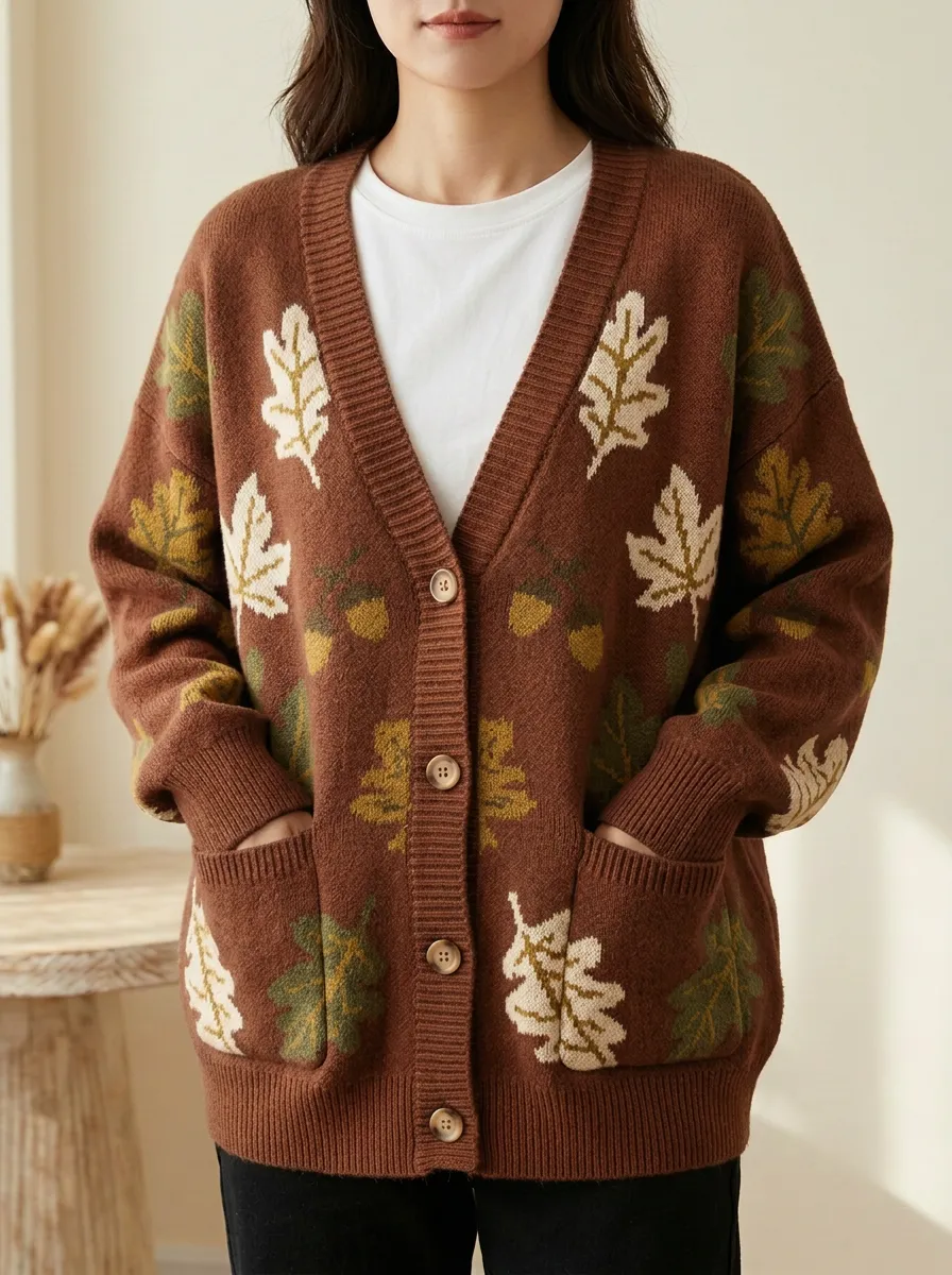 Oak Leaf Acorn Patterned Women's Knit Cardigan