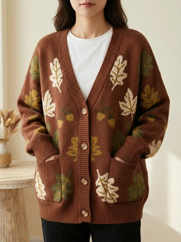 Oak Leaf Acorn Patterned Women's Knit Cardigan