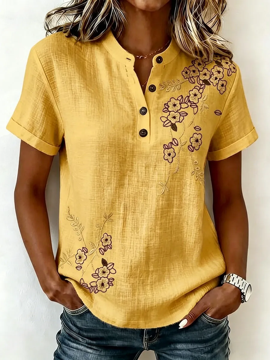 Women'S Short-Sleeved Cotton And Linen Casual Top