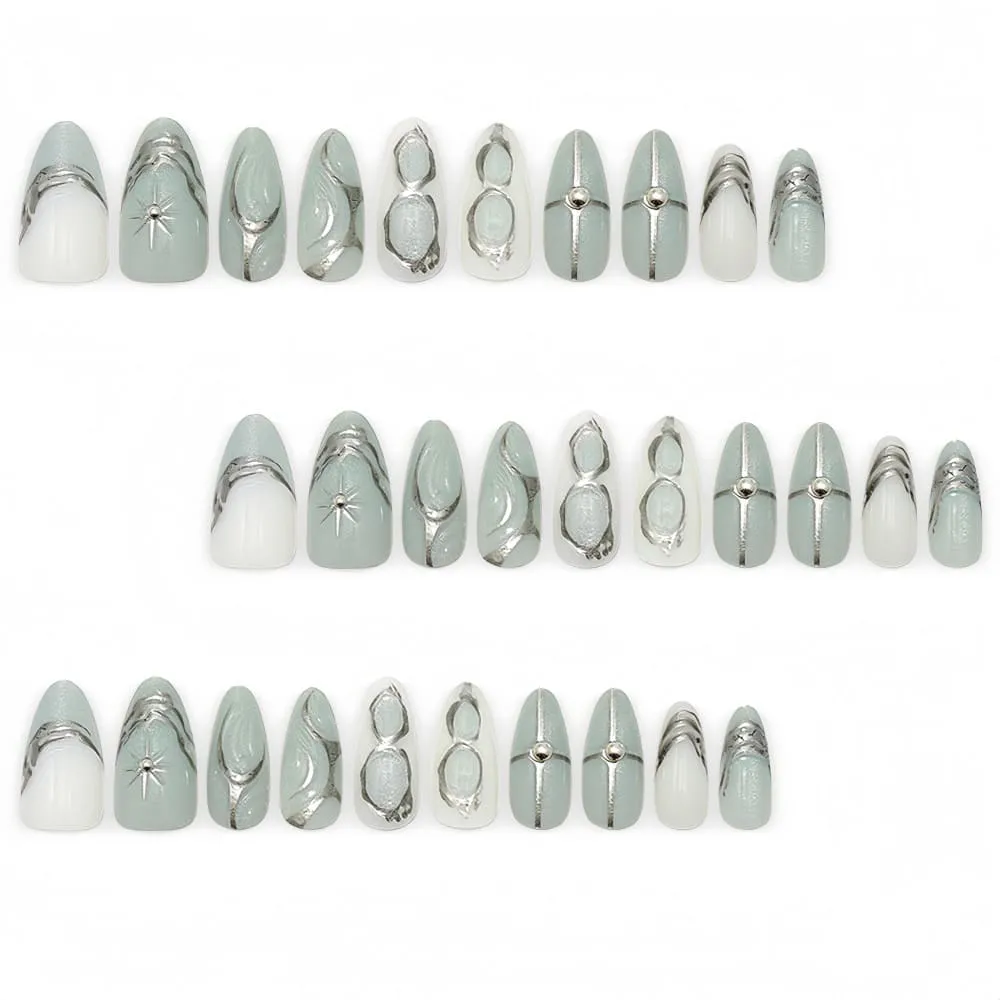 Nailhour 30Pcs Cool Tones Gradient 3D Medium Almond French Press On Nails