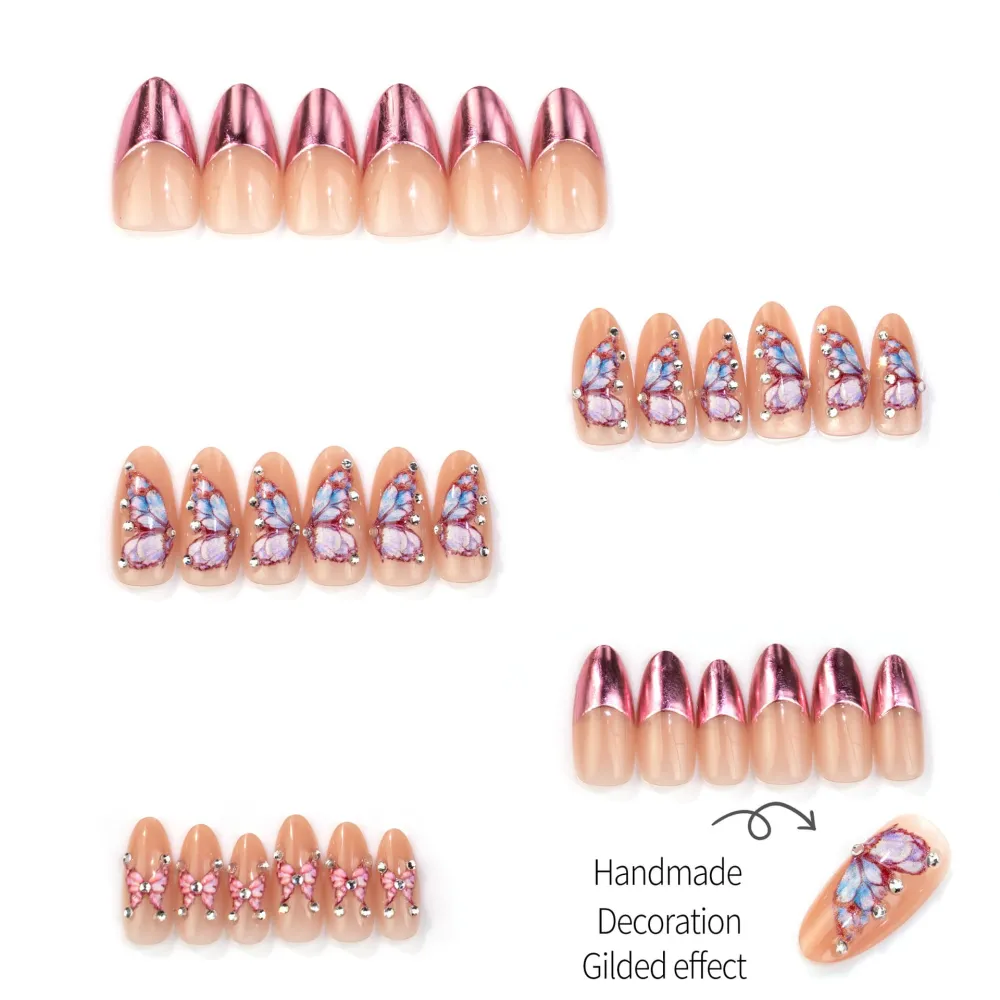 Nailhour 30Pcs French Butterfly 3D Medium Almond Press On Nails