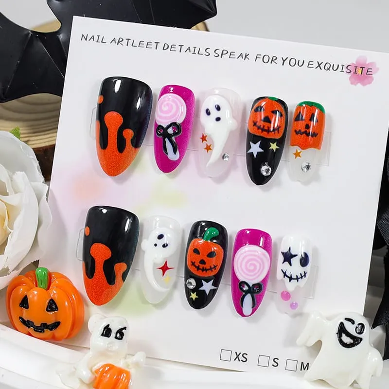 Nailhour 30Pcs Halloween Medium Almond 3D Ghost Press On Nails