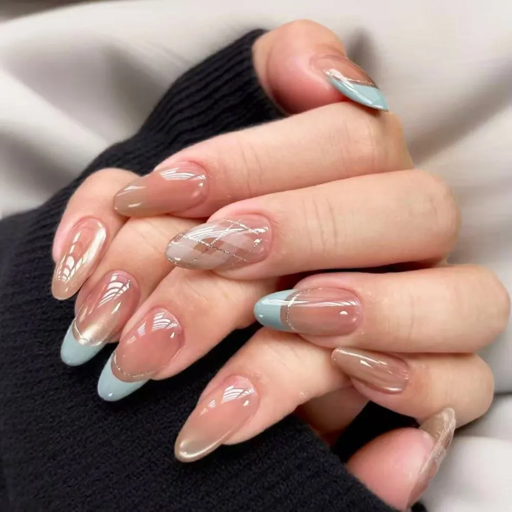 Nailhour 30Pcs Blue Cat Eye Gilded Medium Almond Cute Press On Nails