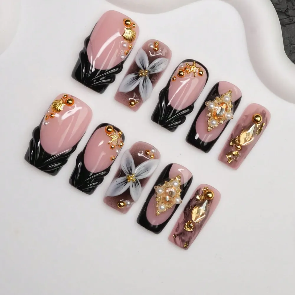 Nailhour 10Pcs Handmade French Gilded  Square Press On Nails