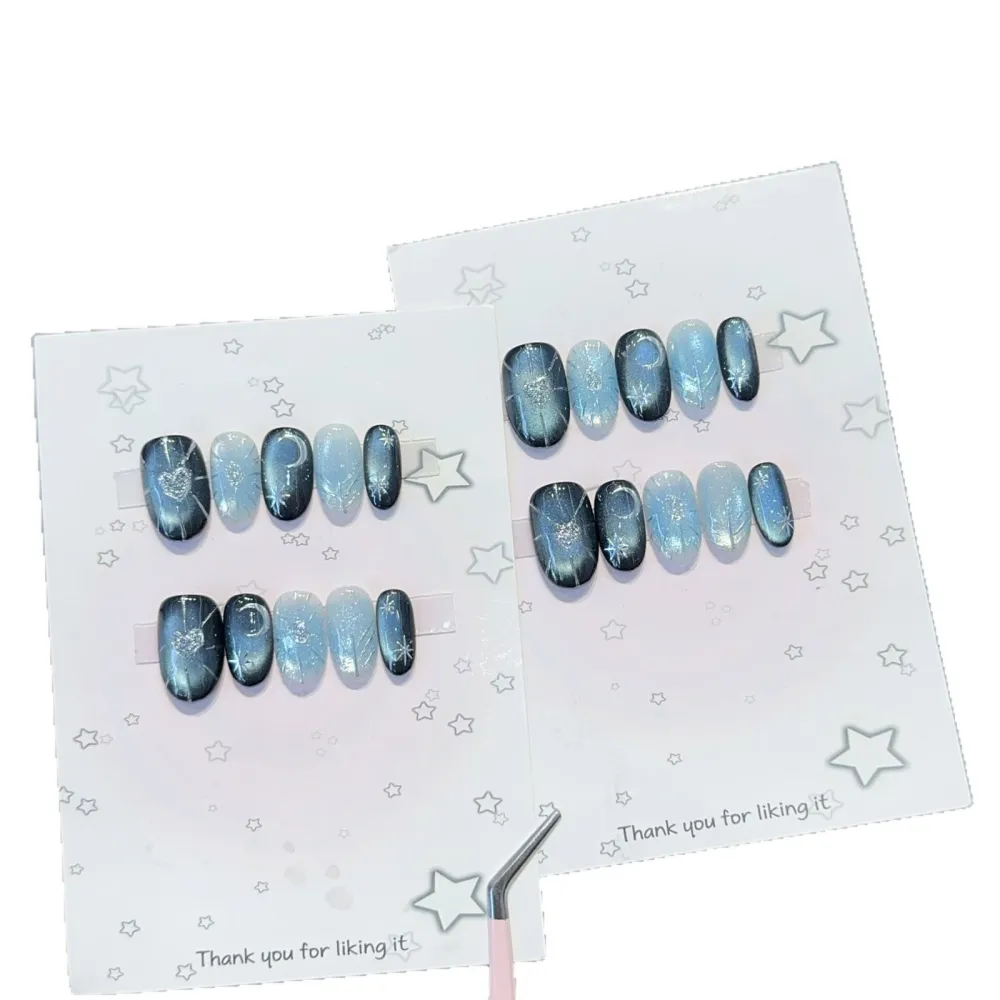 Nailhour 10Pcs Blue Cat Eye Medium Oval Press On Nails