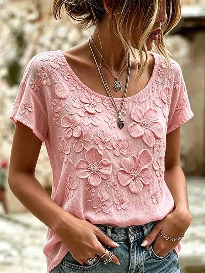 Women's casual printed cotton and linen round neck top
