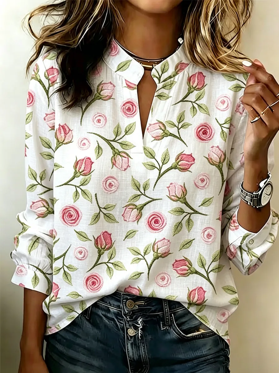 Women's Casual Cotton-Linen Style Embroidered Top