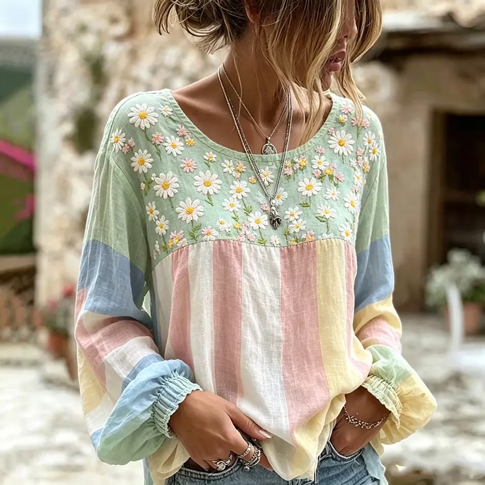 Floral Pattern Color-blocking Design Casual Linen Top