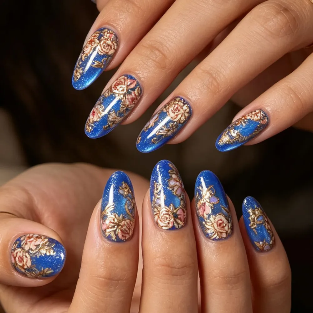 Nailhour 30Pcs Blue Cat Eye Medium Almond French Press On Nails