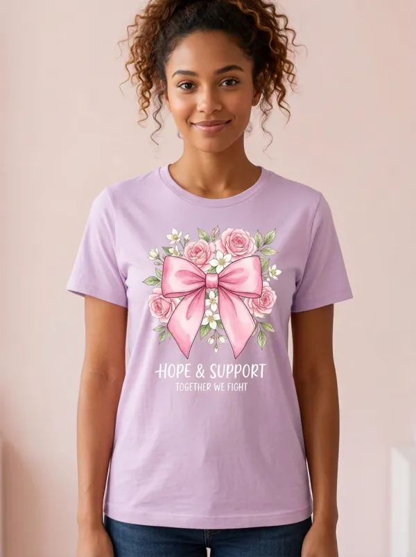 Women's Breast Cancer Awareness Pink Bow Floral Printed T-shirt