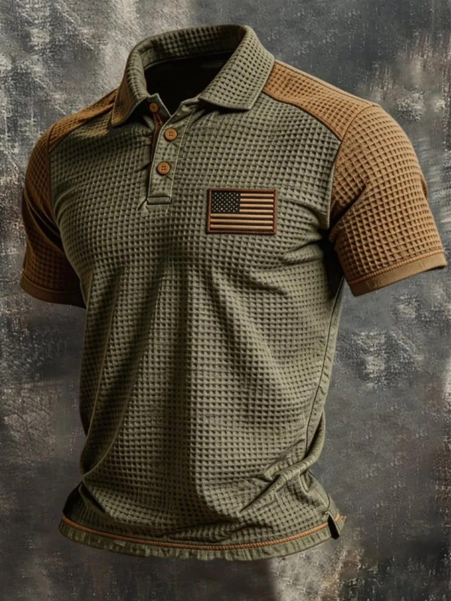 Retro 250th Anniversary Western-Themed Waffle-Weave Polo Shirt