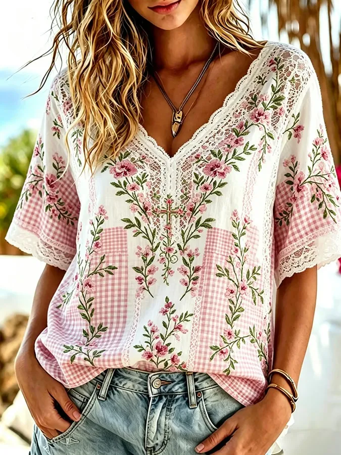Women's Pink Flower Lace Printed Art Cotton Hemp Colorful V-neck Short Sleeve Top