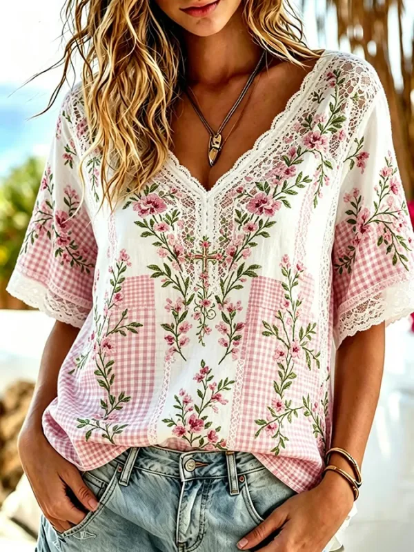 Women's Pink Flower Lace Printed Art Cotton Hemp Colorful V-neck Short Sleeve Top