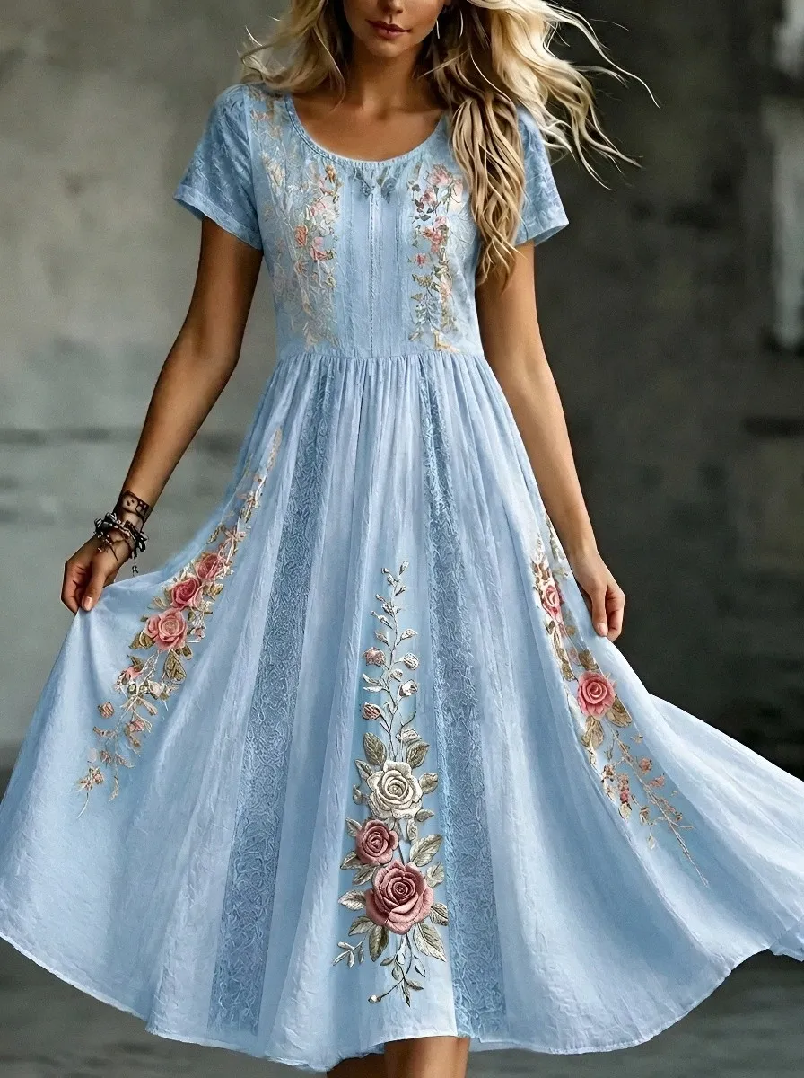 Women's Breast Cancer Awareness Floral Rose Embroidered Printed Dress