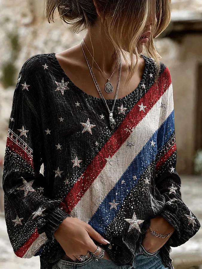 Women's Vintage American Flag Floral Art Cotton-Linen Shirt