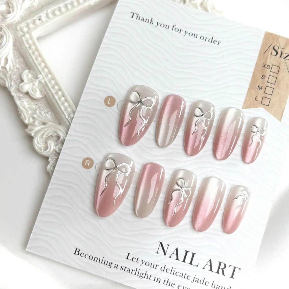 Nailhour 30Pcs Pink Bow 3D Medium Almond French Press On Nails