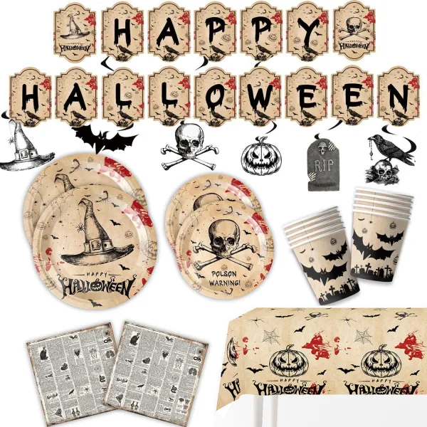 (1set 67pcs) Halloween Retro Ghost Paper Plate Disposable Party Supplies