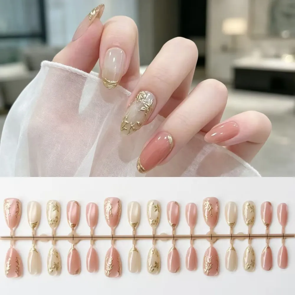 Nailhour 30Pcs Gilded Nude Medium Almond French Press On Nails