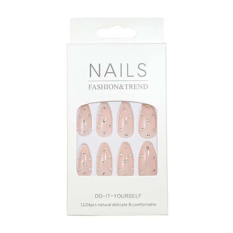 Nailhour 24Pcs Pink 3D Rhinestone Medium Almond Press On Nails