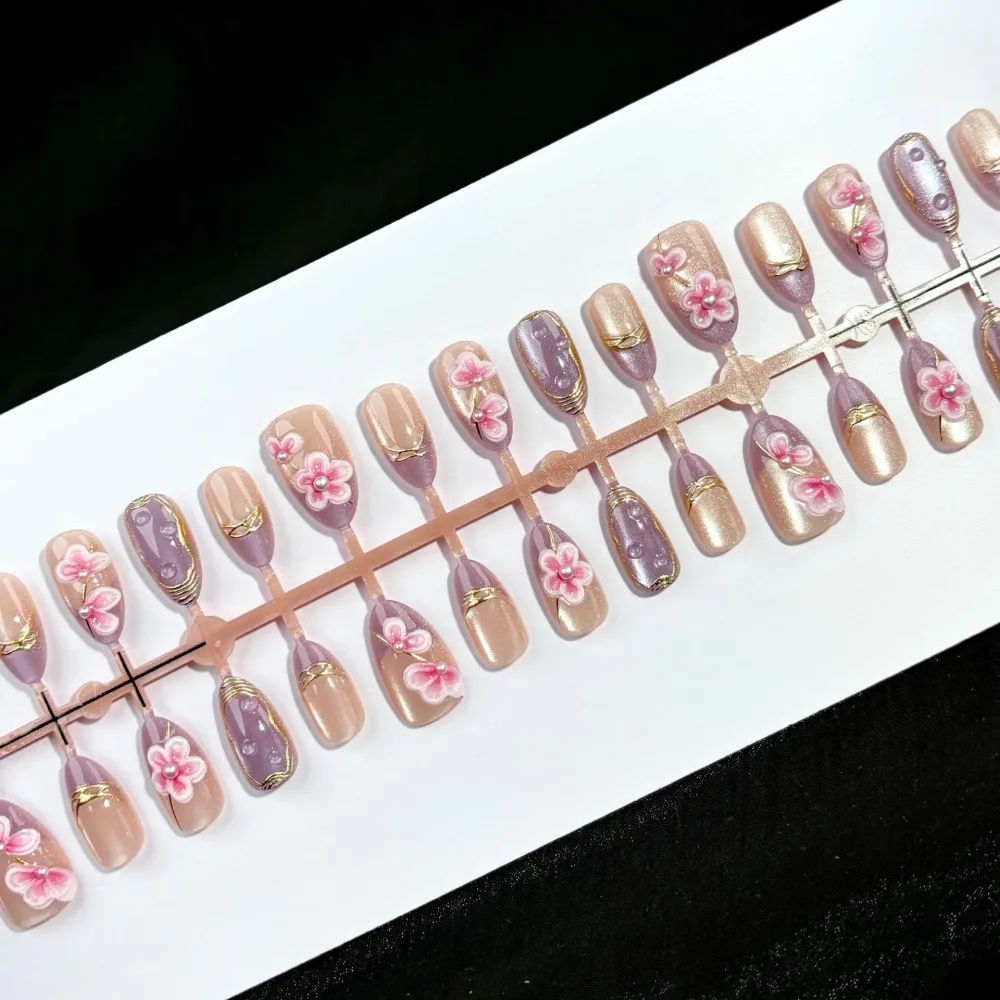 Nailhour 30Pcs French Cat Eye Gilded Medium Almond Press On Nails