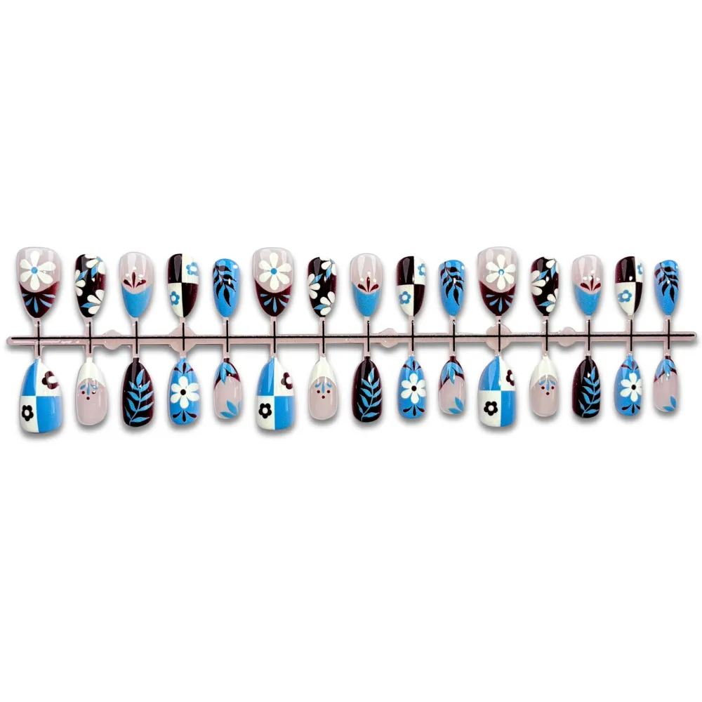 Nailhour 30Pcs Blue Floral Medium Almond Press On Nails
