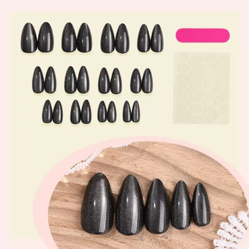 Nailhour 24Pcs Black Cat Eye Nail Art Press On Nails