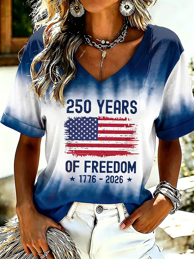 Women'S American Independence Day 250Th Anniversary Printed Short Sleeved T-Shirt