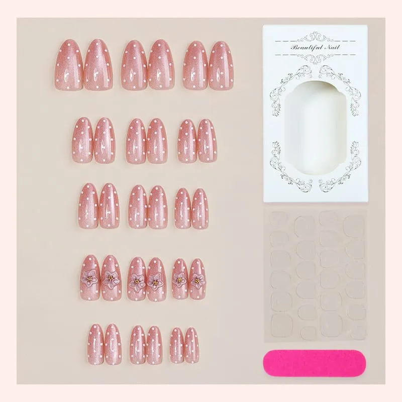 Nailhour 30Pcs Pink Polka Dots Cat Eye Medium Almond French Press On Nails