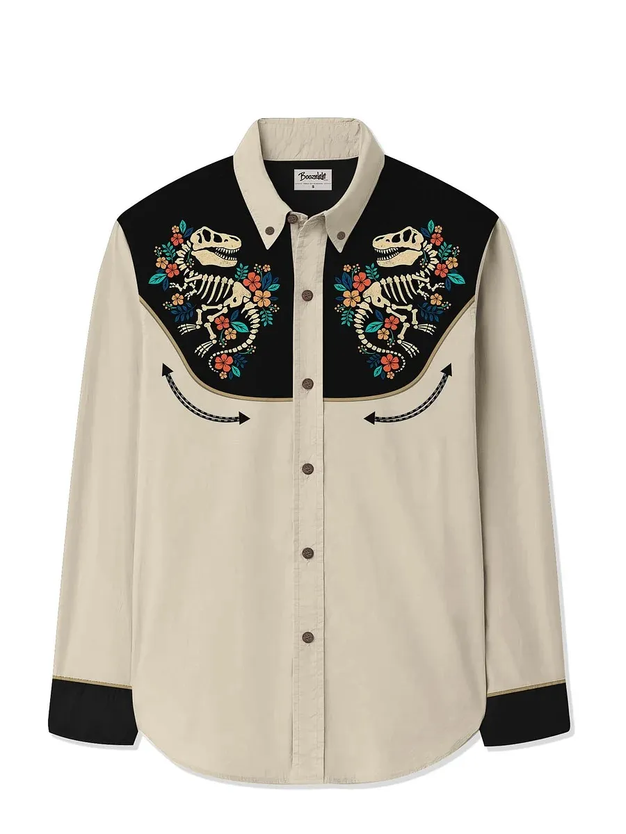 Men's Skull Dinosaurs and Flowers Long Sleeves Shirt